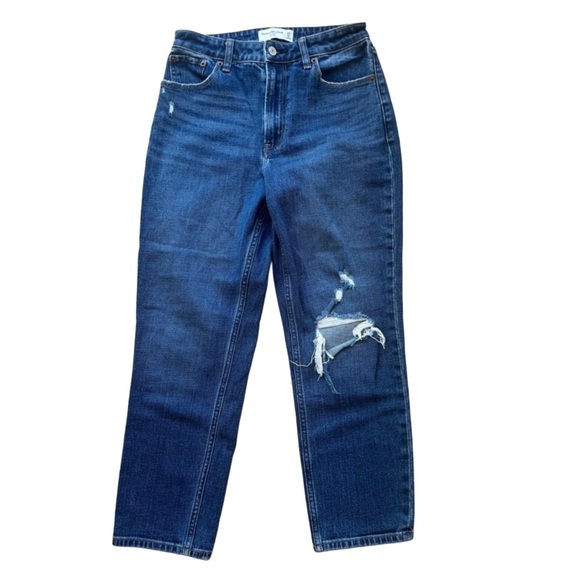 Abercrombie & Fitch Denim - Abercrombie & Fitch The Mom High Rise Dark Blue Distressed Cropped Jeans